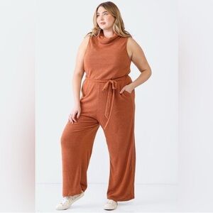 Gilli Plus Size Ribbed Sleeveless Turtle Neck Belted Jumpsuit